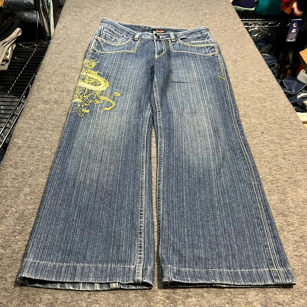Maker Net Dragon Embroidered Wide Leg Skater Jeans Blue Denim 32x30 Y2K Baggy
